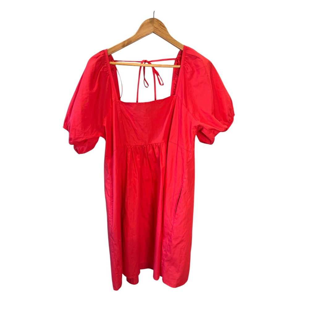 Draper James XL Red Cotton‎ Dress Square Neck Puff Sleeve Tie Back Vacation